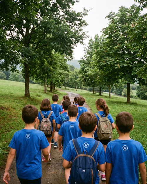 Niños de excursión con camisetas azules iguales